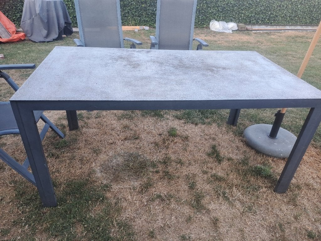 Antraciet tuintafel 160x90 met 3 verstelbare tuinstoelen, Ophalen, Gebruikt, Rechthoekig, Metaal