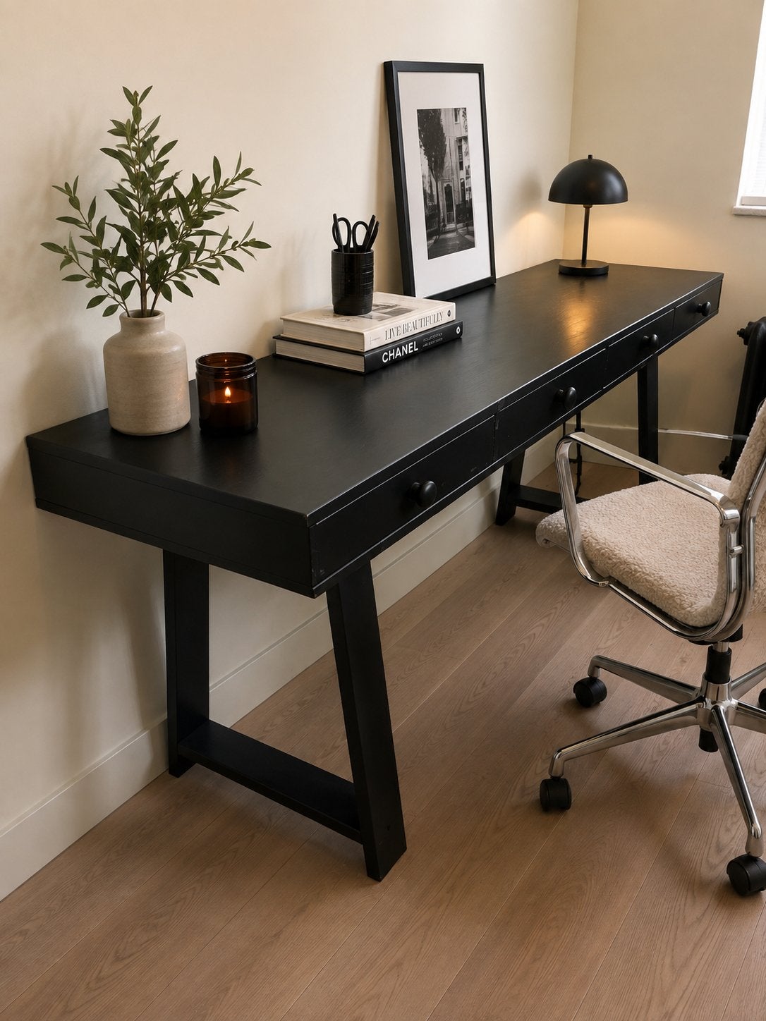 Super mooi zwart bureau / sidetable met 4 lades te koop, Ophalen, Gebruikt, 150 tot 200 cm, Rechthoekig