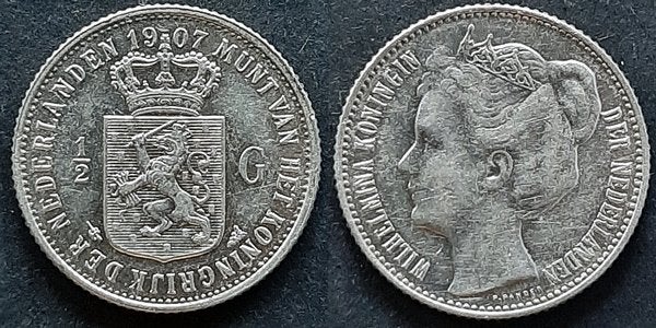 Halve gulden 1907 Pr, Verzenden, Koningin Wilhelmina, ½ gulden, Zilver