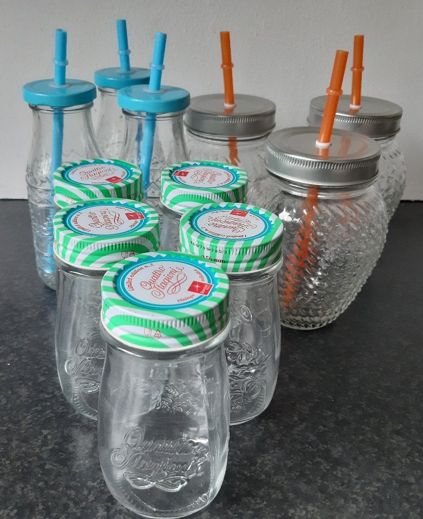 11 glazen potten/mason jars met deksel en/of rietje, Ophalen of Verzenden, Nieuw, Glas, Pot, Bus of Blik