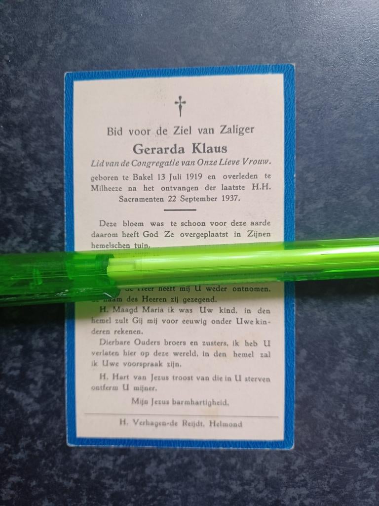 Kinder bidprentje Bakel Milheeze Gerarda Klaus 1919 1937, Ophalen, Bidprentje