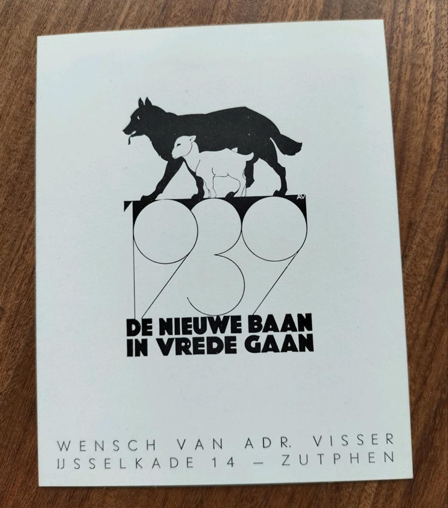 Nieuwjaarswens 1939 Adr. Visser (gelegenheidsgrafiek), 10 cm, 8 cm, Overige technieken, Ophalen of Verzenden