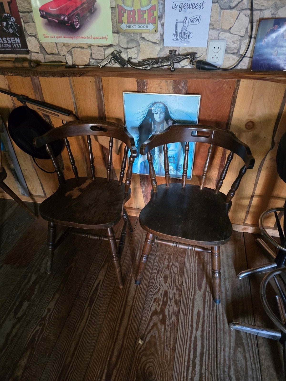 Set van 2 vintage café stoelen, Huis en Inrichting, Stoelen, Gebruikt, Twee, Bruin, Hout