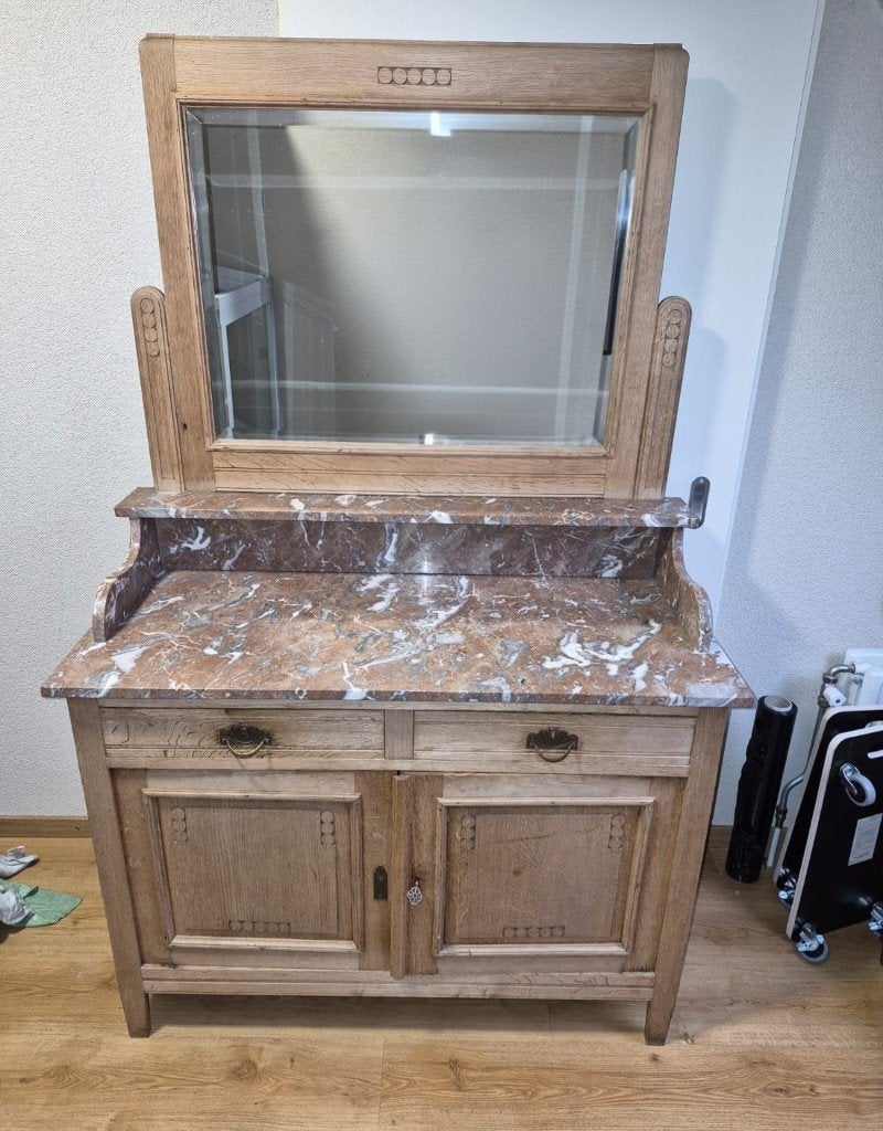 Antieke kast met marmeren blad en spiegel, Antiek en Kunst, Ophalen