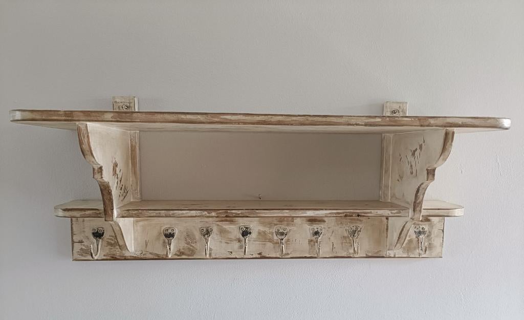 Rustieke, Brocante wandkapstok met plank en haken, Huis en Inrichting, Woonaccessoires | Kapstokken, Wandkapstok, Gebruikt, Ophalen of Verzenden