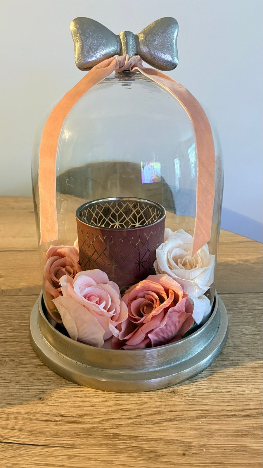 Rivièra Maison stolp met rozen en theelichthouder, Glas, Ophalen of Verzenden, Zo goed als nieuw, Inclusief decoratie