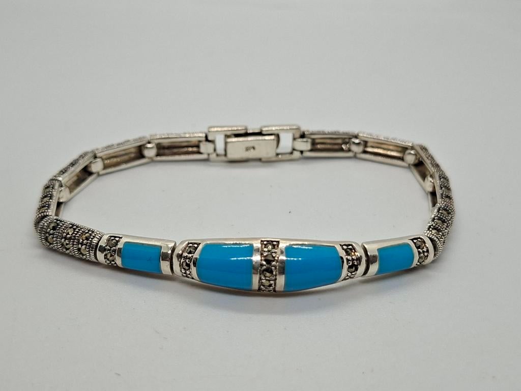 Vintage 925 Zilveren Armband met Turkoois en Markasiet, Ophalen of Verzenden, Blauw, Zilver, Met edelsteen