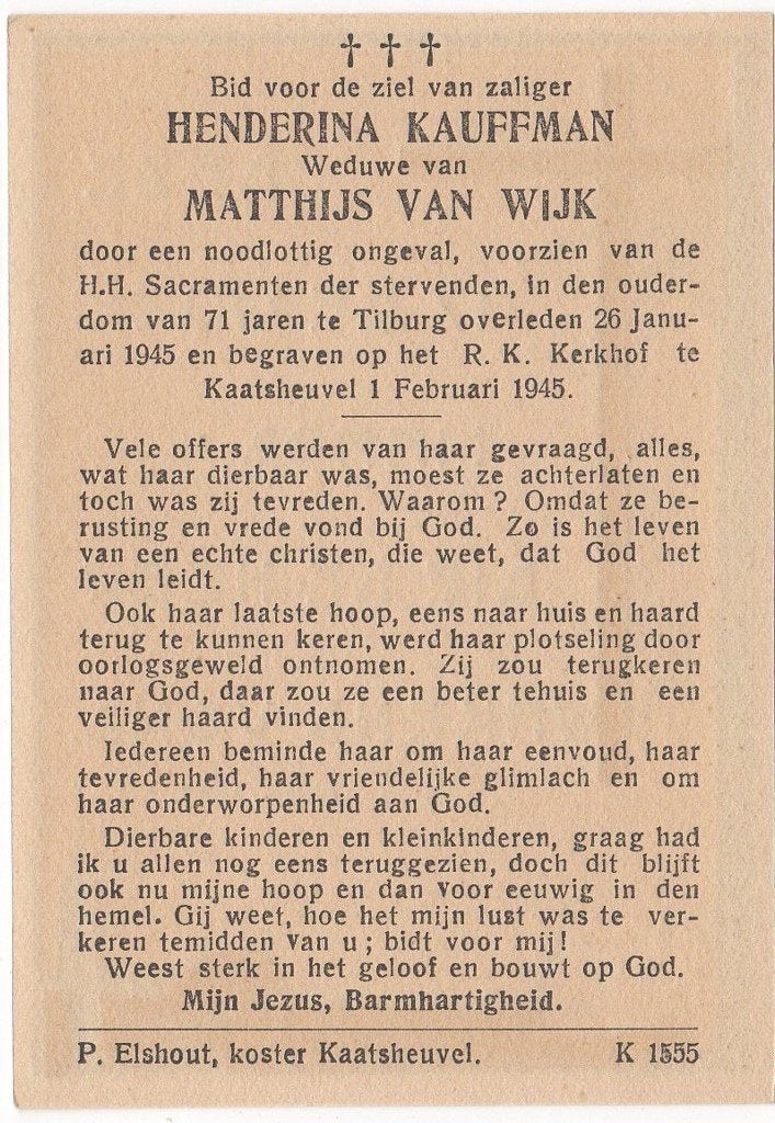 WO-2 Hendrina Kauffman 1873 Ooltgensplaat + 1945 Tilburg, Verzenden