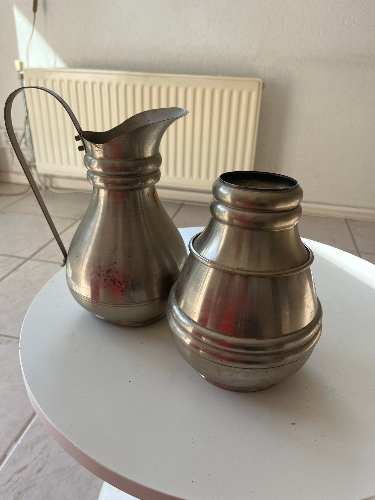 Vintage tinnen kan en vaas, Antiek en Kunst, Ophalen of Verzenden
