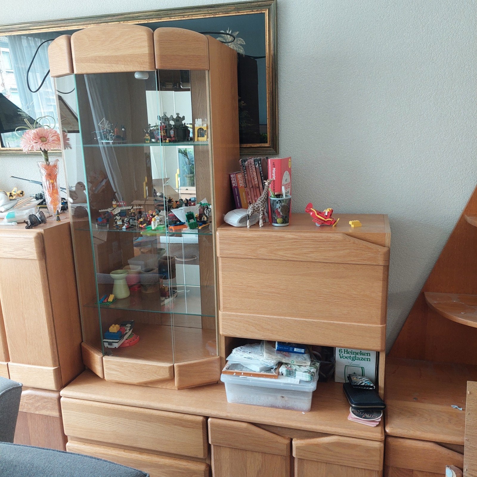 Eiken wandmeubel met vitrinekast, Huis en Inrichting, Complete inboedels, Ophalen