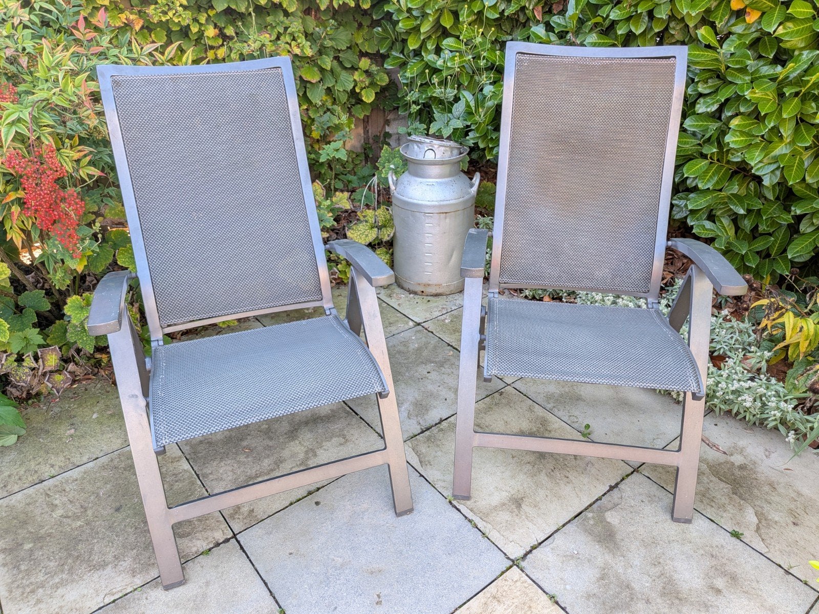 Twee tuinstoelen antraciet, Tuin en Terras, Ophalen, Gebruikt, Metaal, Inklapbaar