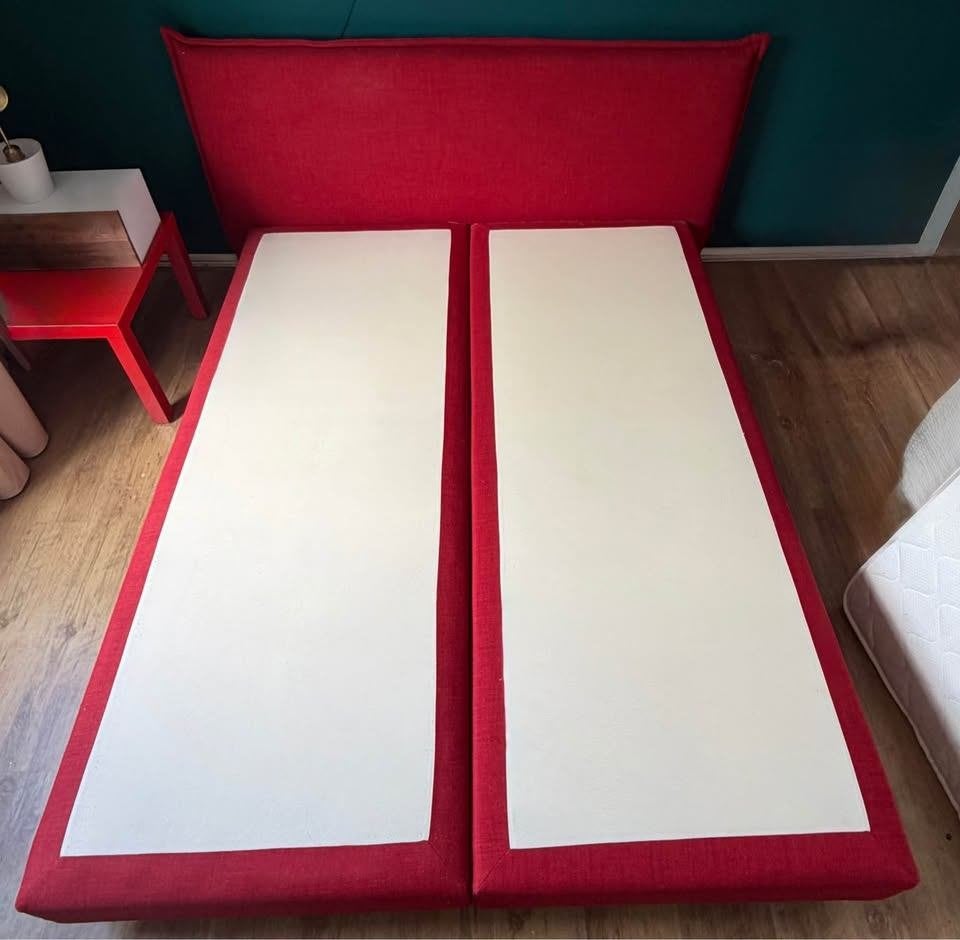 Boxspring 160x200 rood – Inclusief Hoofdbord 180cm, Ophalen, Gebruikt, Tweepersoons, 200 cm