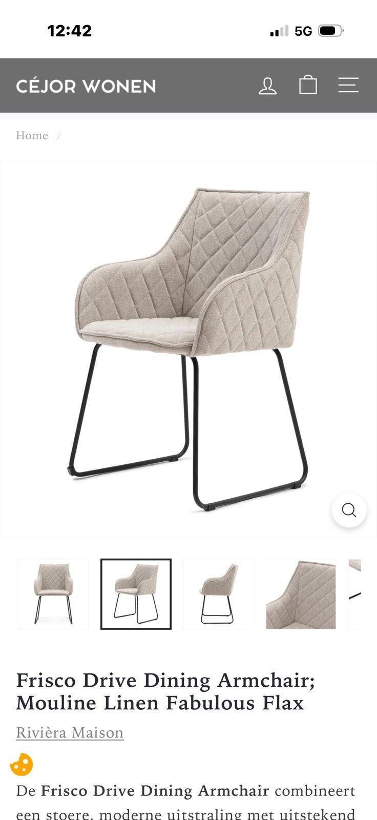 6 eetkamerstoelen riviera maison frisco drive, Huis en Inrichting, Gebruikt, Bruin, Ophalen of Verzenden, Stof