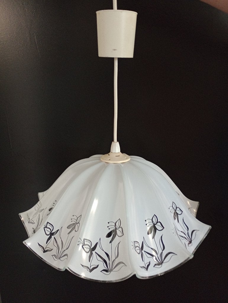Leuke vintage glazen hanglamp met bloemen, Huis en Inrichting, Ophalen of Verzenden, Gebruikt, Glas, Retro / vintage