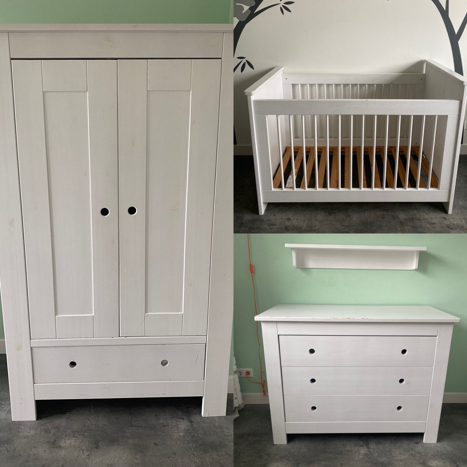 Complete set babykamer: kast, plank, commode en ledikant, Kinderen en Baby's, Kinderkamer | Commodes en Kasten, Zo goed als nieuw