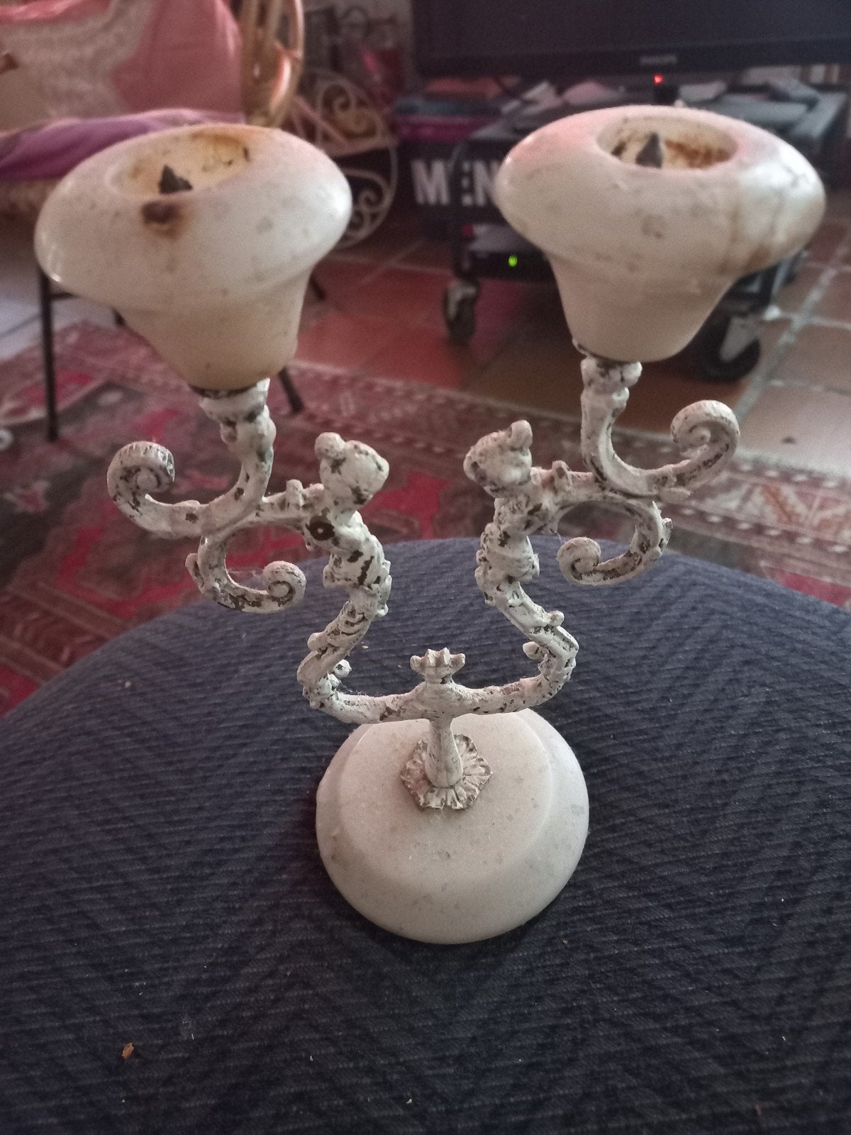 Antieke 2-armige zware onyx kandelaber met vrouwenfiguren, Ophalen of Verzenden, Koper of Brons