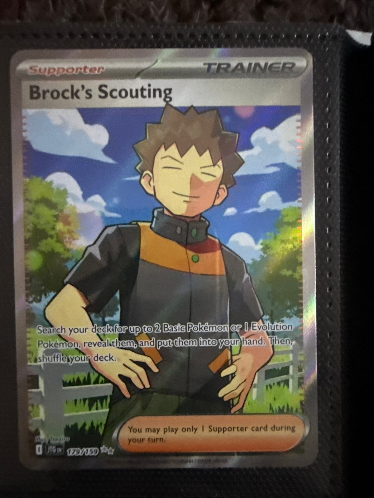 Pokémon TCG: Brock's Scouting (Full Art Trainer) 179/159, Ophalen of Verzenden, Zo goed als nieuw, Losse kaart, Foil