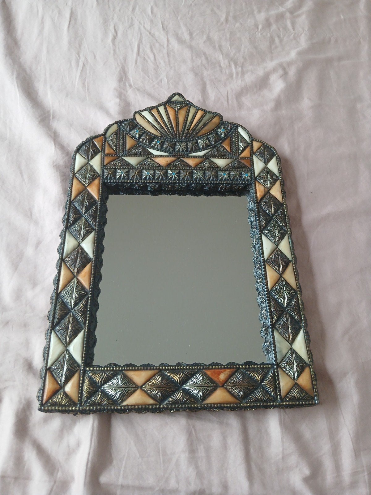 Vintage Marokkaanse spiegel met stenen, Ophalen of Verzenden, Rechthoekig, Minder dan 50 cm