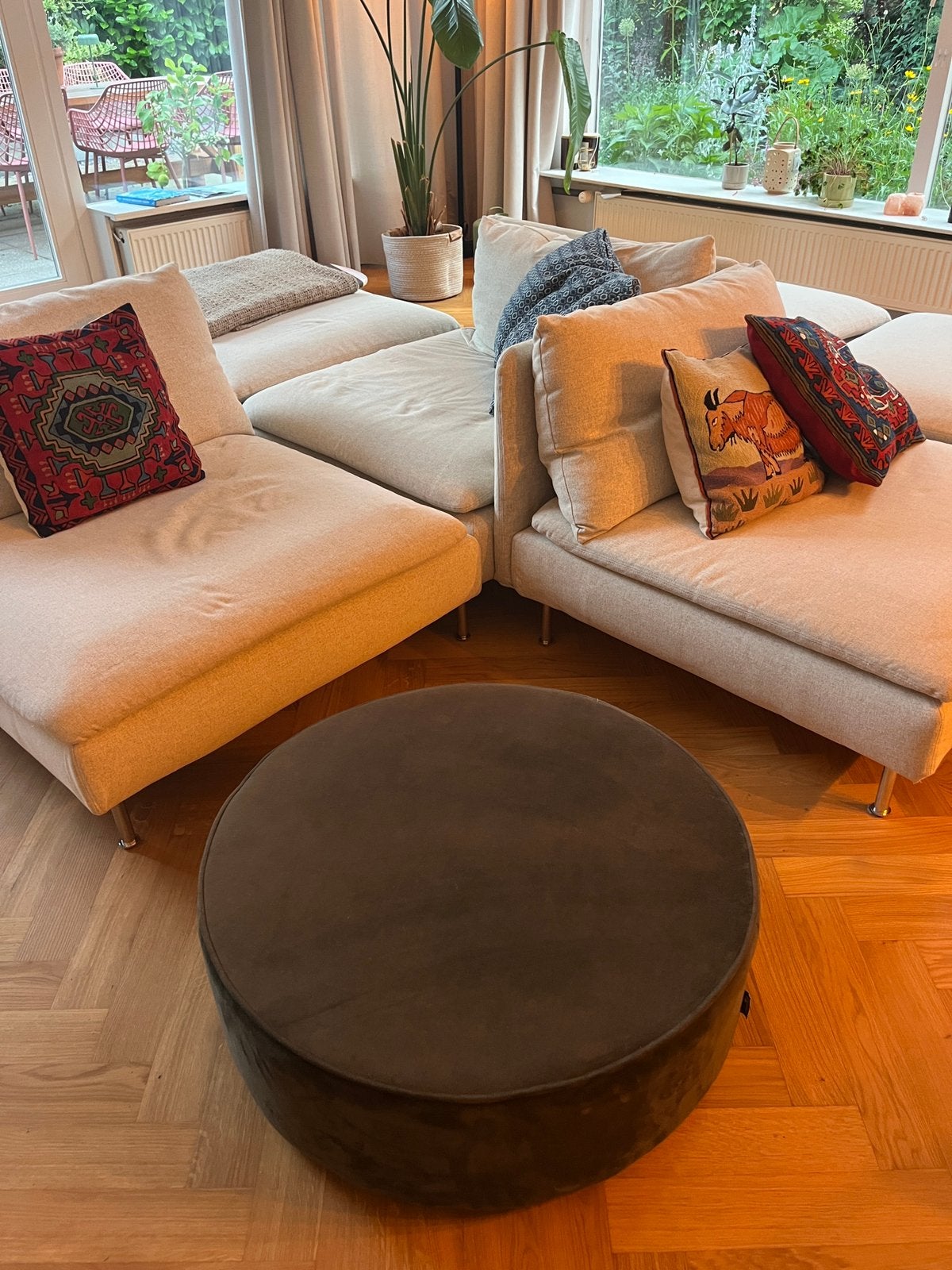 Donkergroene velvet poef – Ø 78 cm, Ophalen, Gebruikt, Rond, 75 tot 100 cm