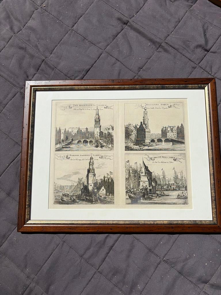 Historische Amsterdamse torens - Gravure, Antiek en Kunst, Kunst | Etsen en Gravures, Ingelijst, Stadsgezicht, Ophalen of Verzenden