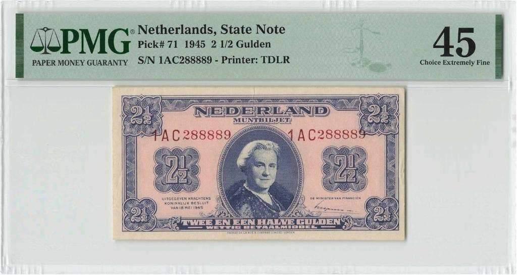 Prachtig biljet 2,5 gulden 1945, muntbiljet | PMG 45, Ophalen of Verzenden, 1 gulden