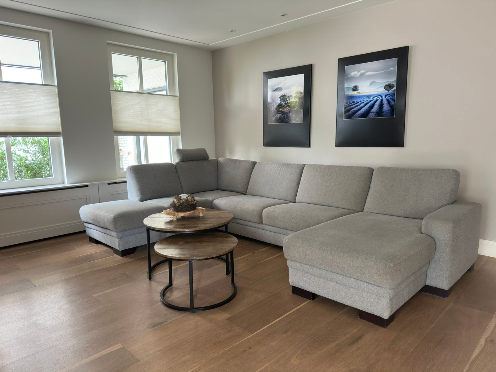 Grijze bank met chaise longue., Huis en Inrichting, Ophalen, Gebruikt, Stof