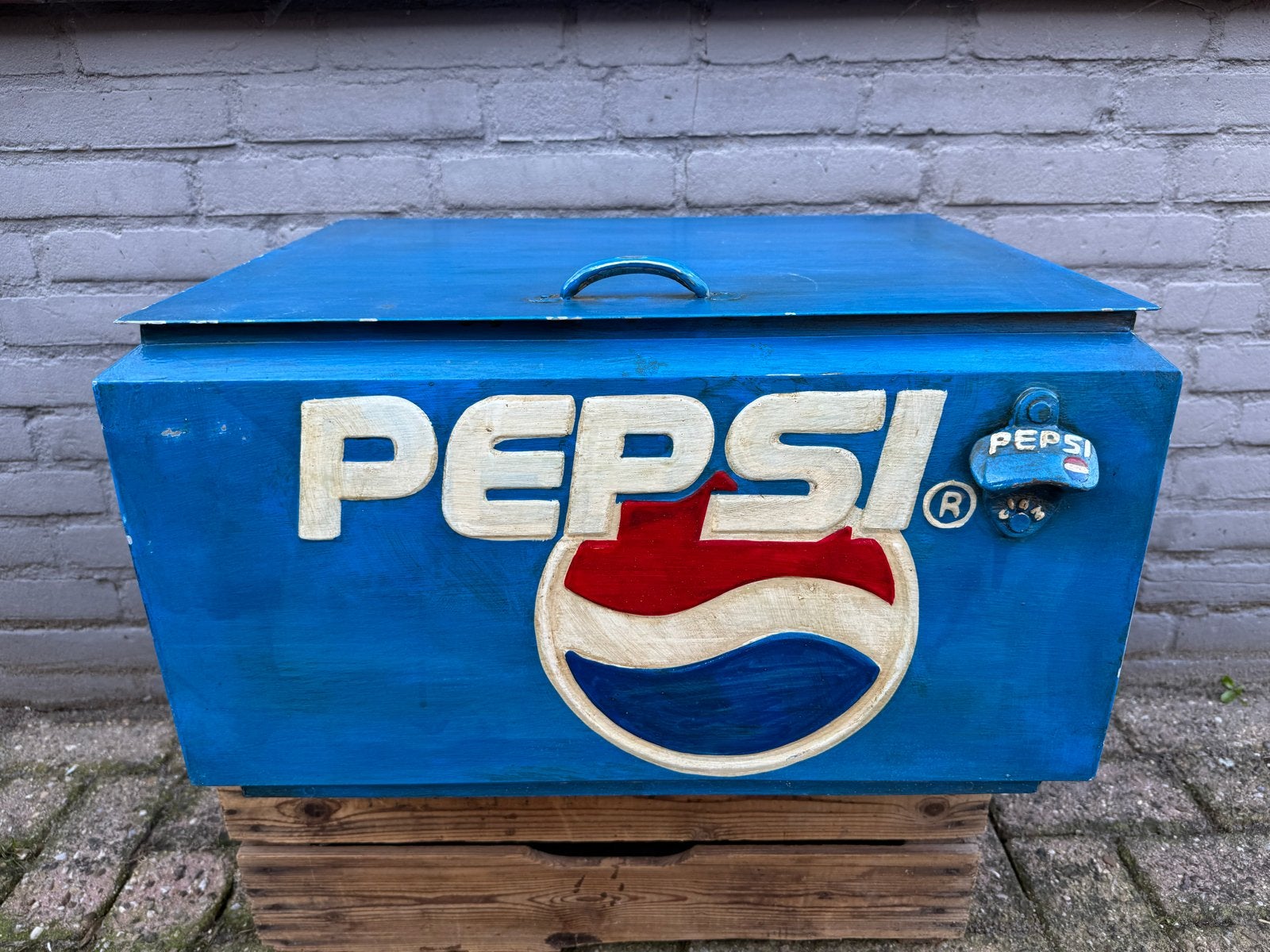 Vintage Pepsi koelbox met flesopener, Ophalen, Gebruikt, Gebruiksvoorwerp