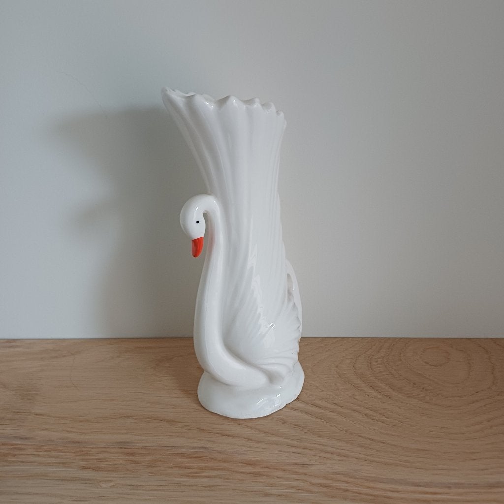 Vintage vaas zwaan, Gebruikt, 21 cm, Wit, Onbekend