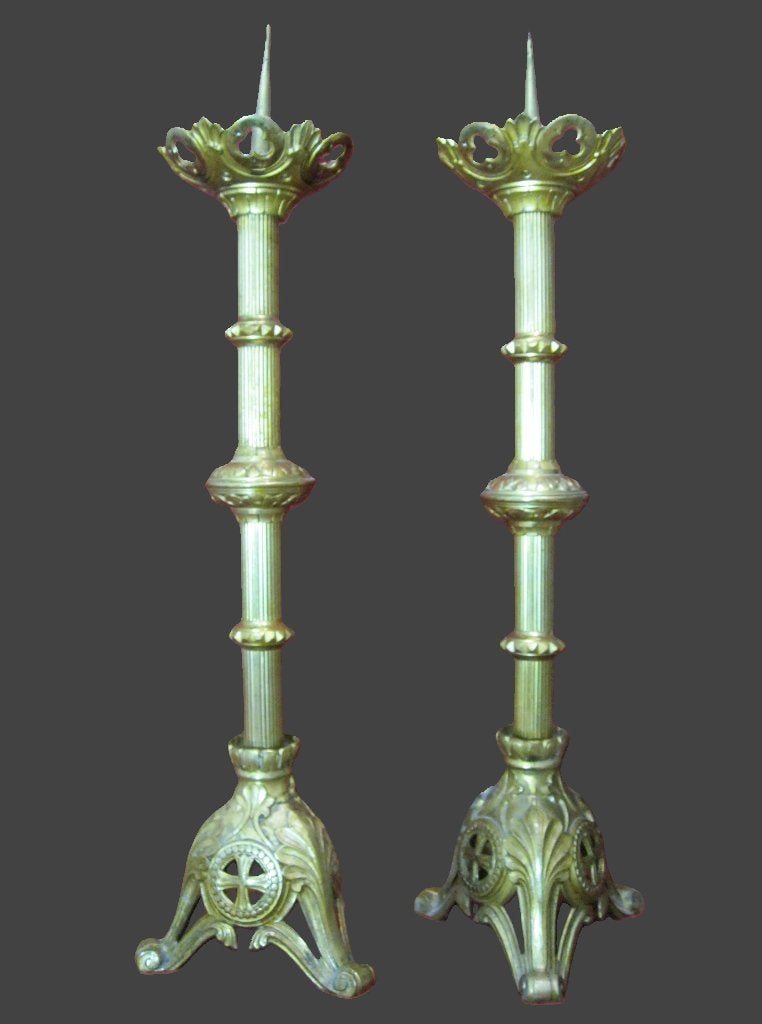 Vergulde kandelaars met tempelierskruis, Antiek en Kunst, Ophalen, Koper of Brons