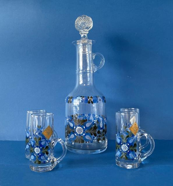 Uniek handbeschilderd karafje, vintage, + 4 glazen, Ophalen