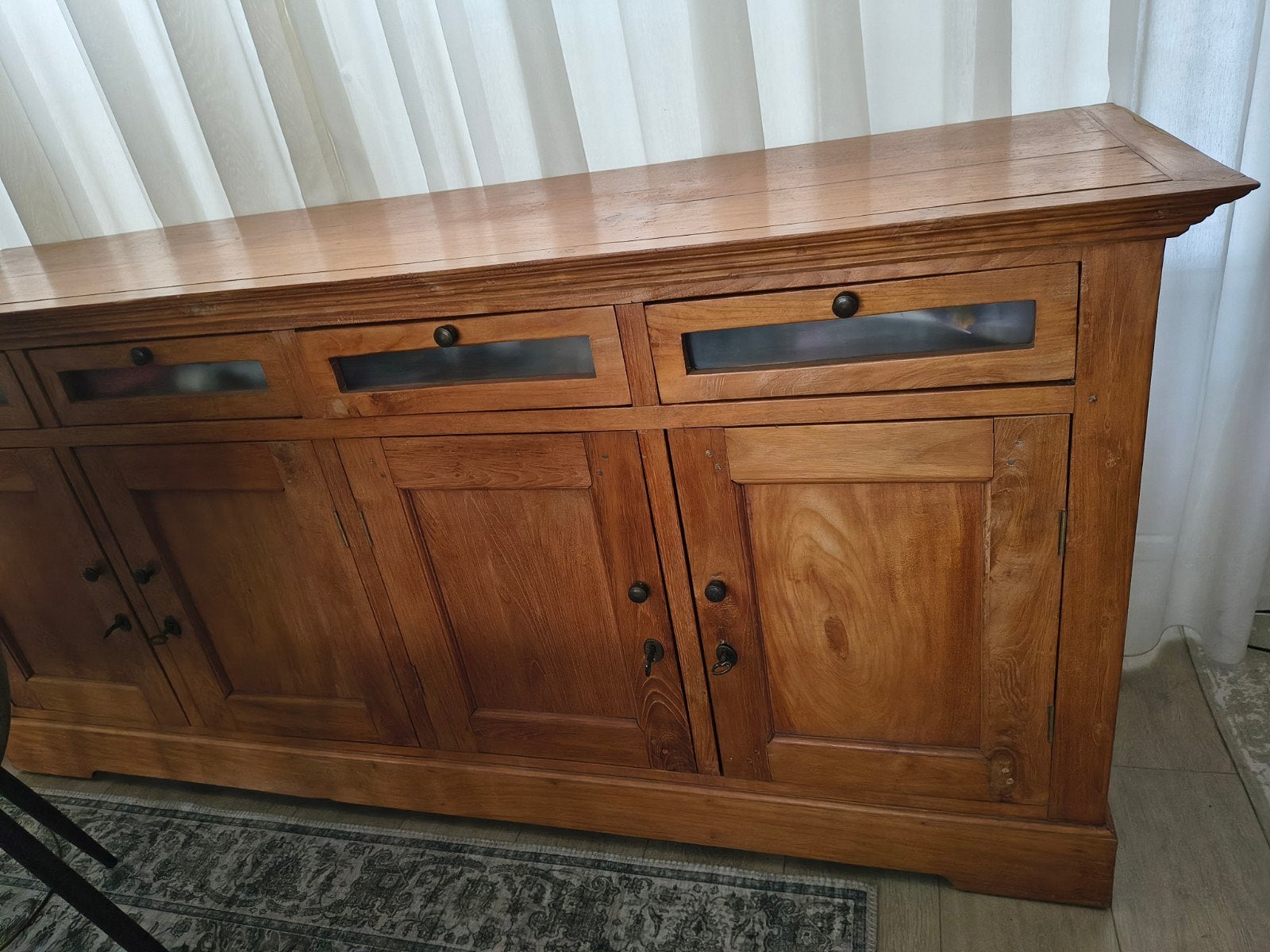 Massief teakhouten dressoir met lades en deuren, Gebruikt, Ophalen of Verzenden, 200 cm of meer, Klassiek, Landelijk