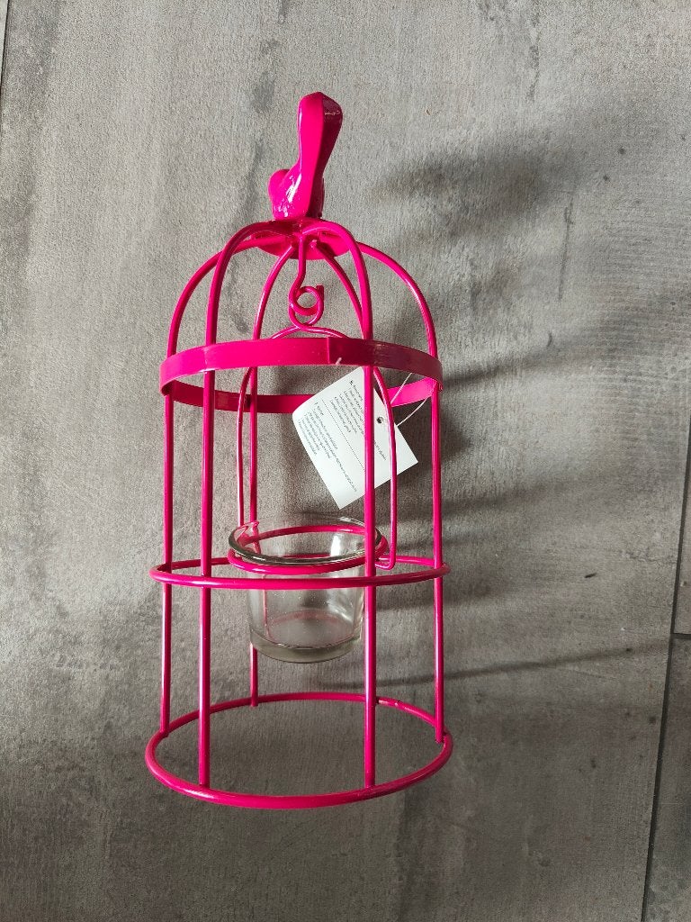 Nieuw in doos: Roze Vogelkooi Theelichthouder / Windlicht, Ophalen, Windlicht, Nieuw, Roze