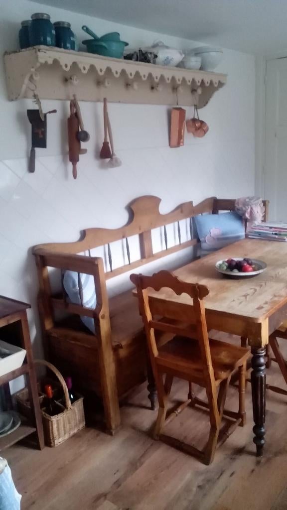Brocante tafel, klepbank, stoelen, Ophalen