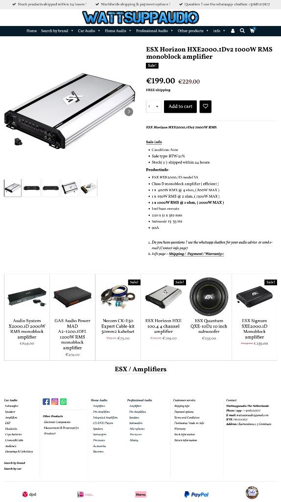 ESX Horizon HXE2000.1Dv2 1000W RMS Monoblok versterker, Audio-design, Nieuw, Am Breilingsweg 3, 76709 Kronau, Duitsland, Ophalen of Verzenden