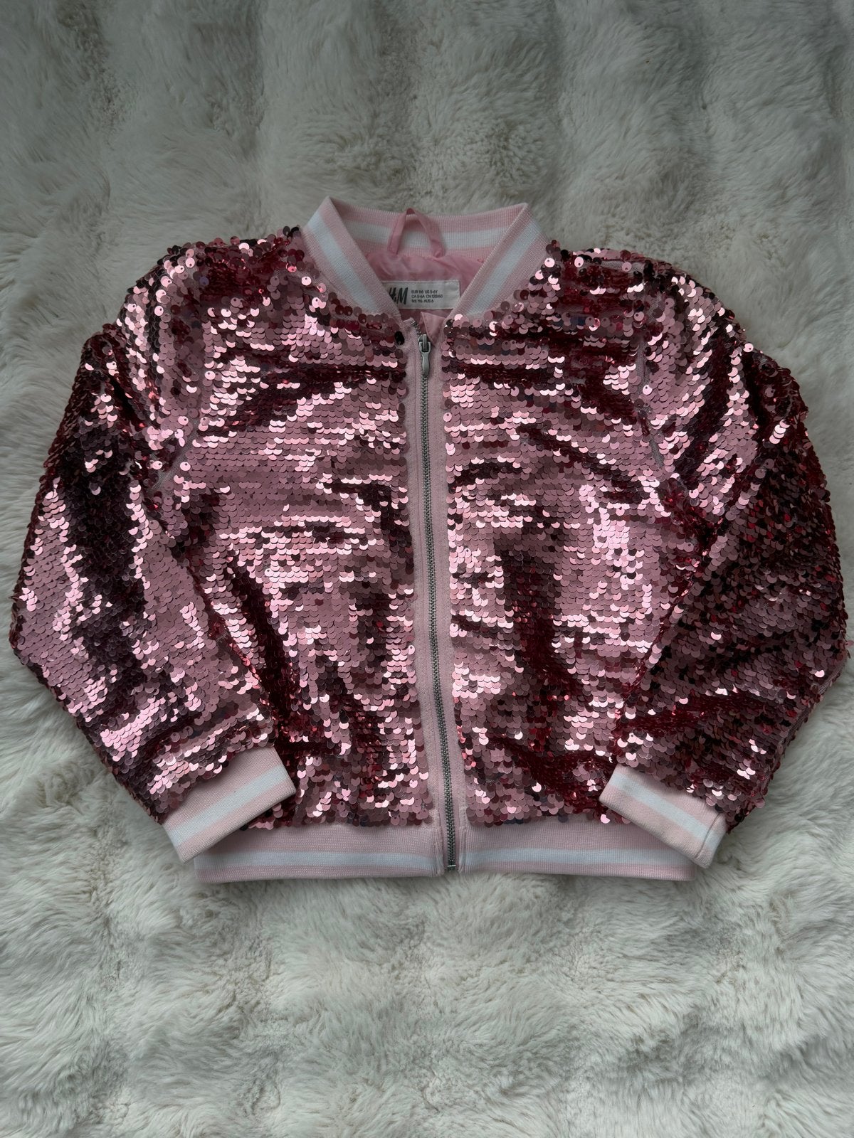 H&M Roze glitterjasje met eenhoorn op de rug, maat 116, Ophalen of Verzenden, Gebruikt, Meisje, Jas