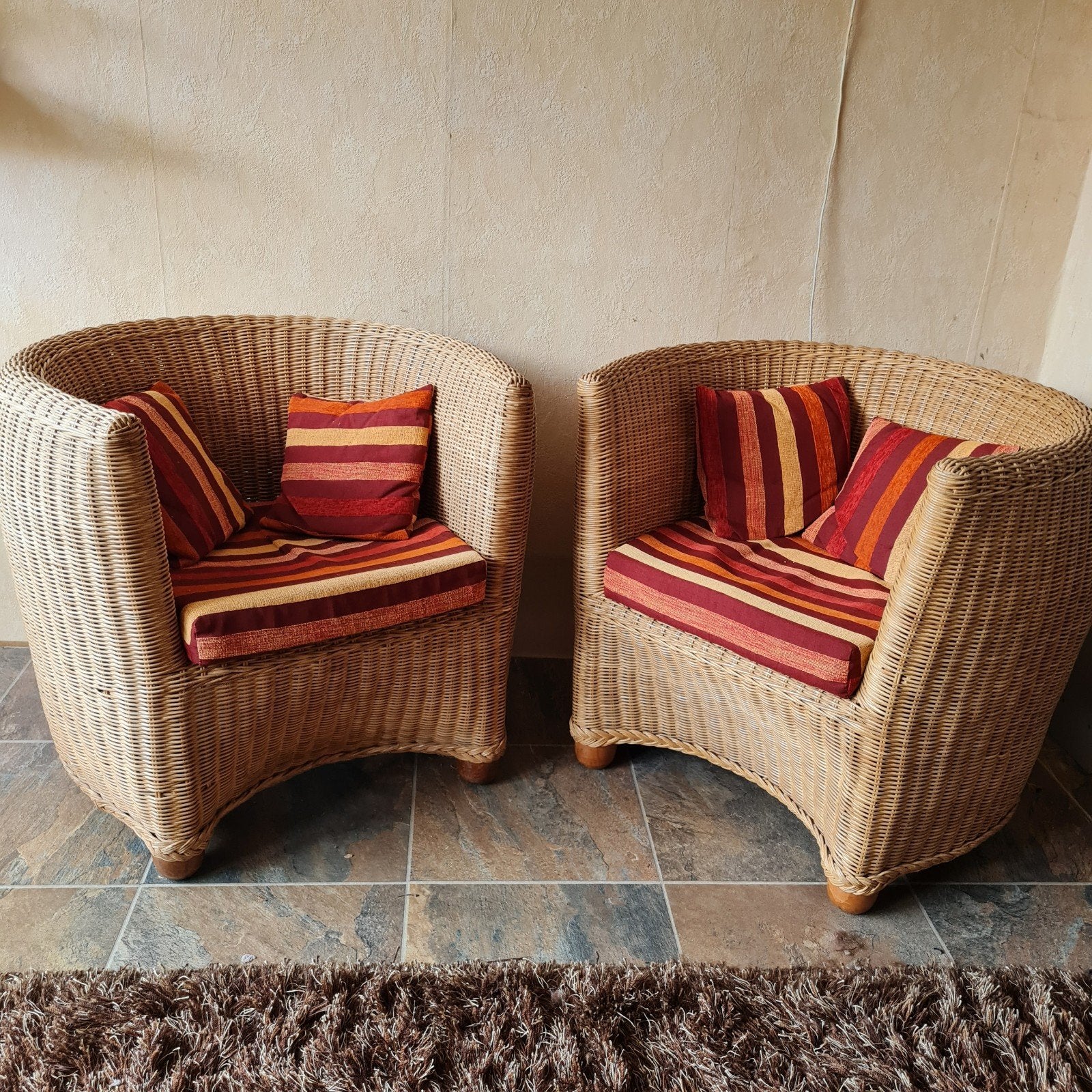 2 Rotan fauteuils met kussens - Hoogte 73cm, Breedte 75cm, Huis en Inrichting, Stoelen, Ophalen, Gebruikt, Overige kleuren, Stof