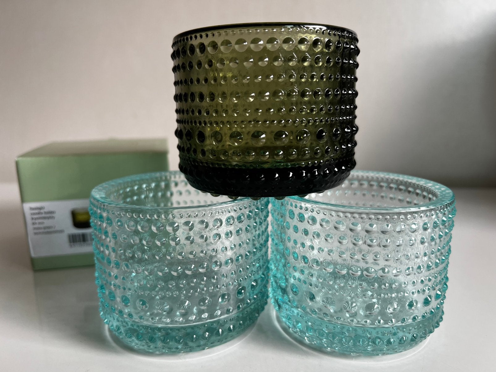 3 Iittala Kastehelmi Waxinelichthouder Watergroen Moss Green, Waxinelichthouder, Ophalen of Verzenden, Iittala, Glas