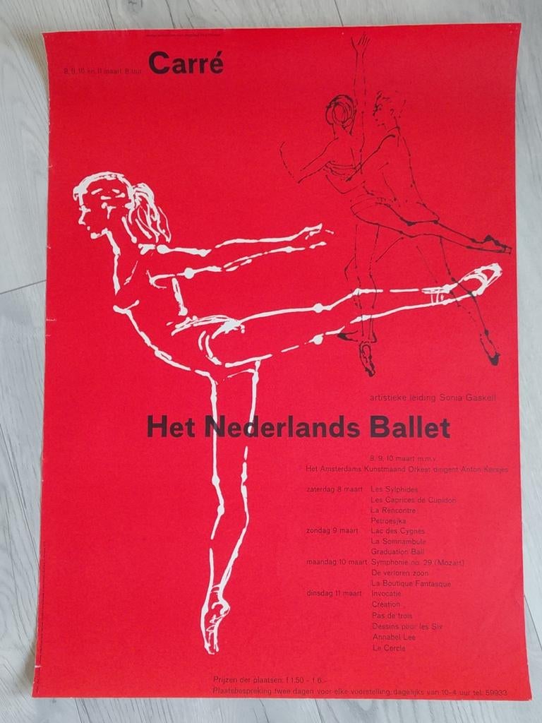 Vintage Poster Het Nederlands Ballet Carré Rood, Ophalen of Verzenden, A1 t/m A3, Overige onderwerpen, Rechthoekig Staand