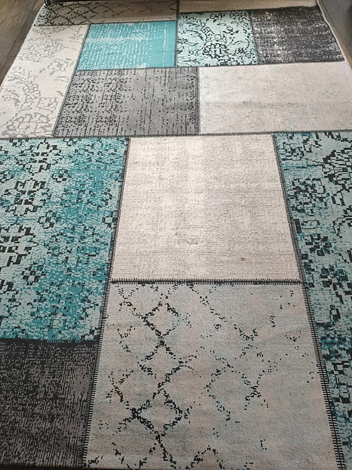 Modern Patchwork Vloerkleed - Turquoise & Grijs, Ophalen, 200 cm of meer, 200 cm of meer, Rechthoekig