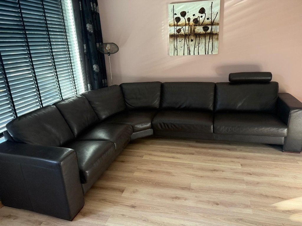 Luxe Italiaanse leren hoekbank | Donkerbruin | Topstaat |, Ophalen, 250 tot 300 cm, Minder dan 75 cm, Hoekbank