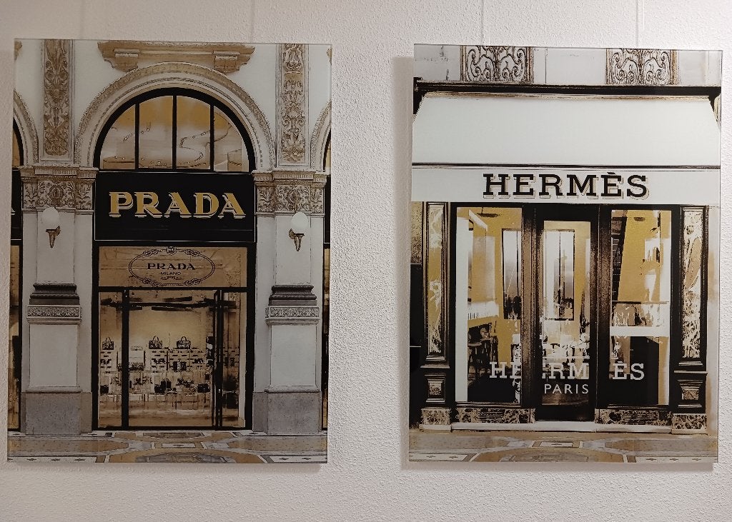 Glasschilderij Prada en Hermes wanddecoratie, Ophalen, 50 tot 75 cm, Schilderij, 75 cm of meer