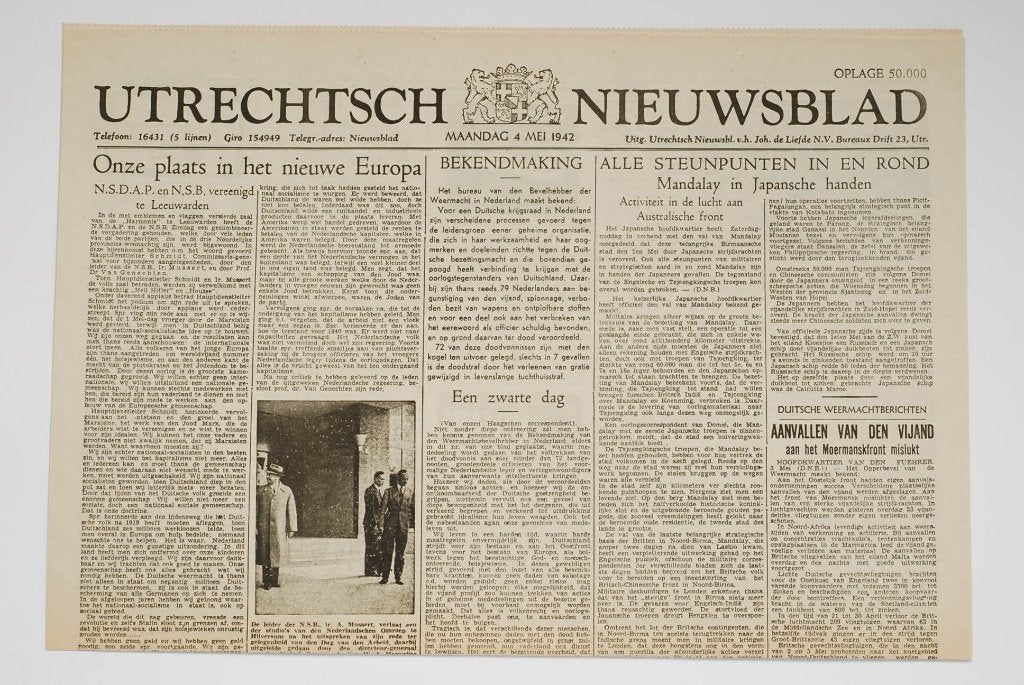Utrechtsch Nieuwsblad - 4 Mei 1942 | herdruk krant WOII, Zo goed als nieuw, Verzenden, Amsterdam, Overige soorten