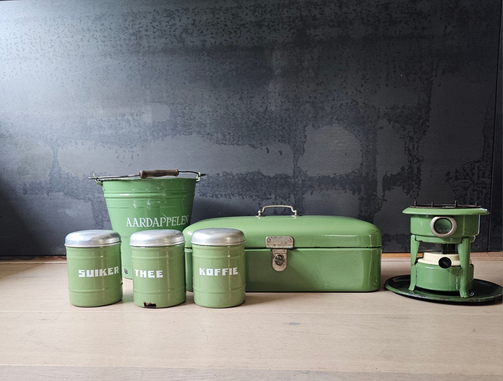 Groen emaille aardappelemmer/broodtrommel/petroleumstel/voor, Ophalen of Verzenden