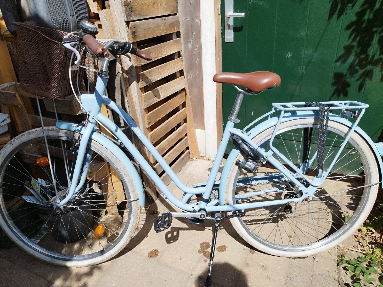 City bike Elops 520 licht blauw Btwin fiets maat s/m, Gebruikt, Velgrem, Versnellingen, Ophalen