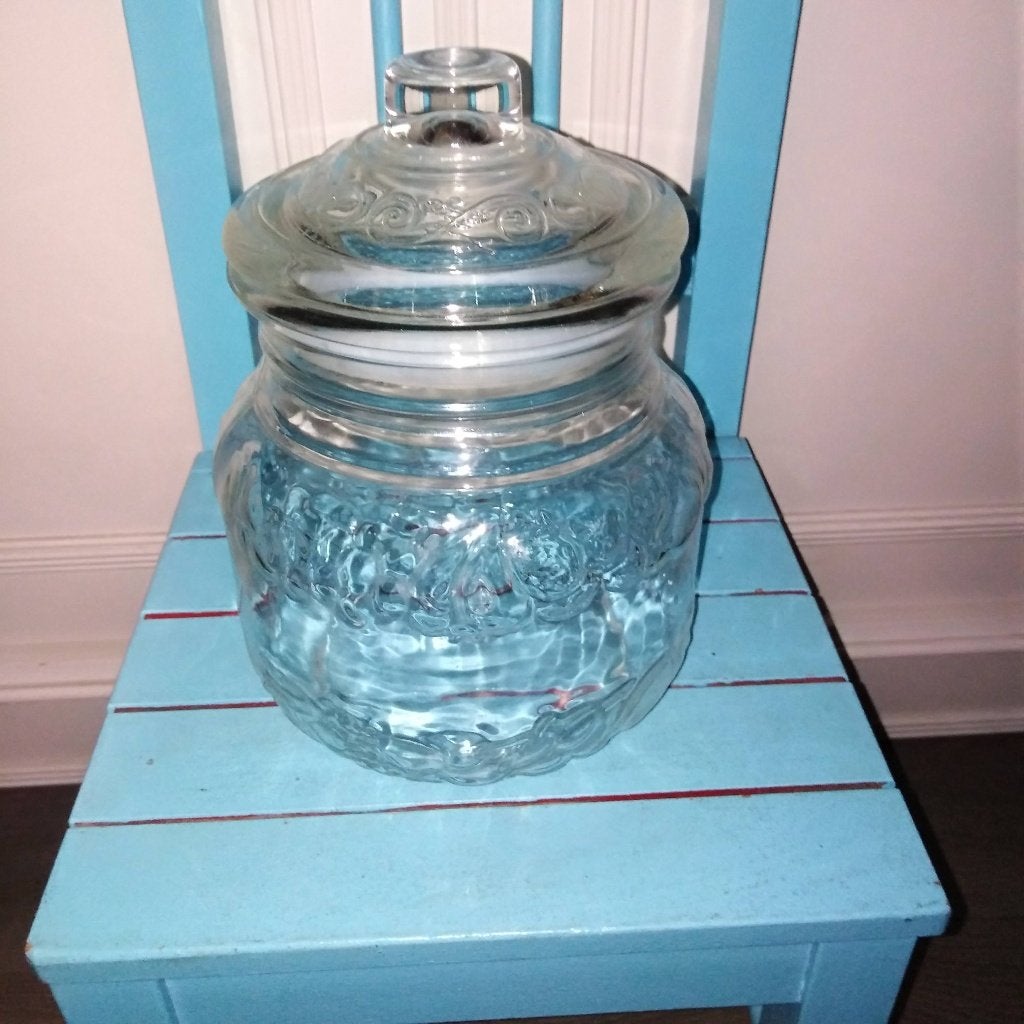 Oude glazen pot met leuk motief, Voorraadpot, Ophalen, Gebruikt, Glas