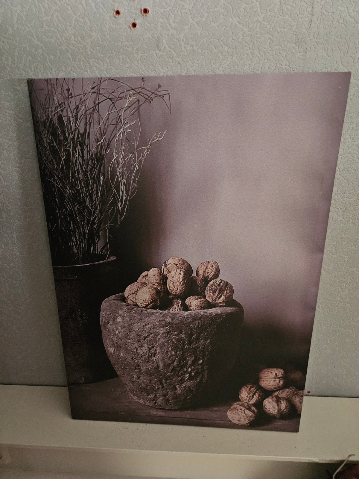 Canvas schilderij met noten en droogbloemen, Huis en Inrichting, Ophalen, 50 – 75, Gebruikt, Schilderij