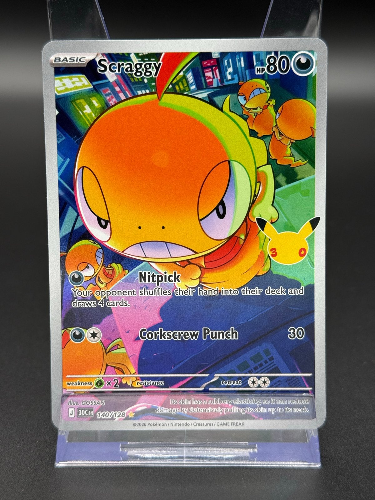 Scraggy - Pokémon 30th Celebration - #140/128 30C, Ophalen of Verzenden, Zo goed als nieuw, Losse kaart, Foil
