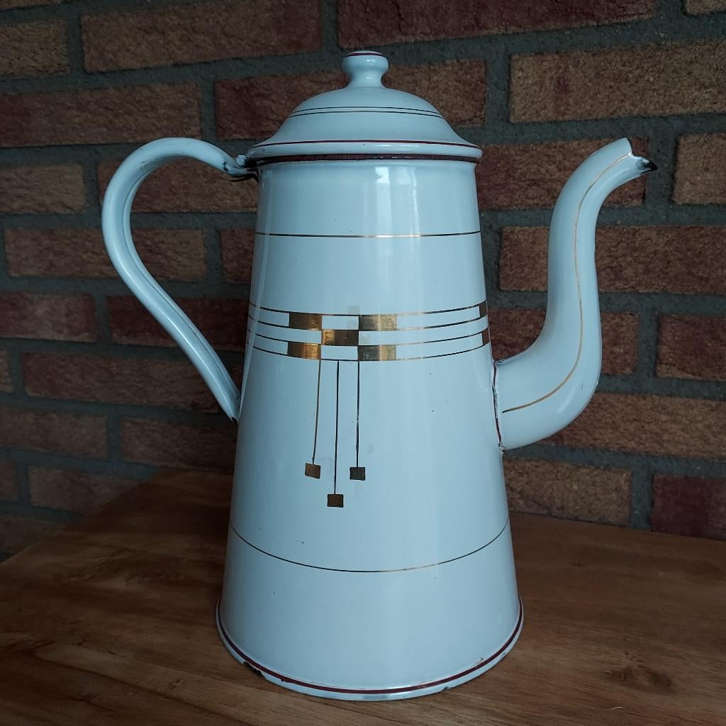 Emaille koffiekan wit en goud, Ophalen of Verzenden