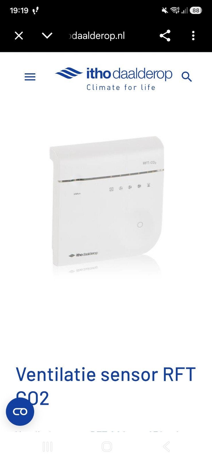 Itho Daalderop RFT-CO2 Ventilatie sensor, Doe-het-zelf en Verbouw, Ophalen of Verzenden, Nieuw, Ventilator
