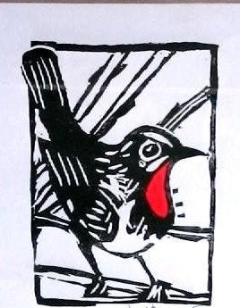 Linodruk van een Roodborst (kleur), Gelimiteerde oplage, Ophalen of Verzenden, Dieren en Natuur, Linosnede